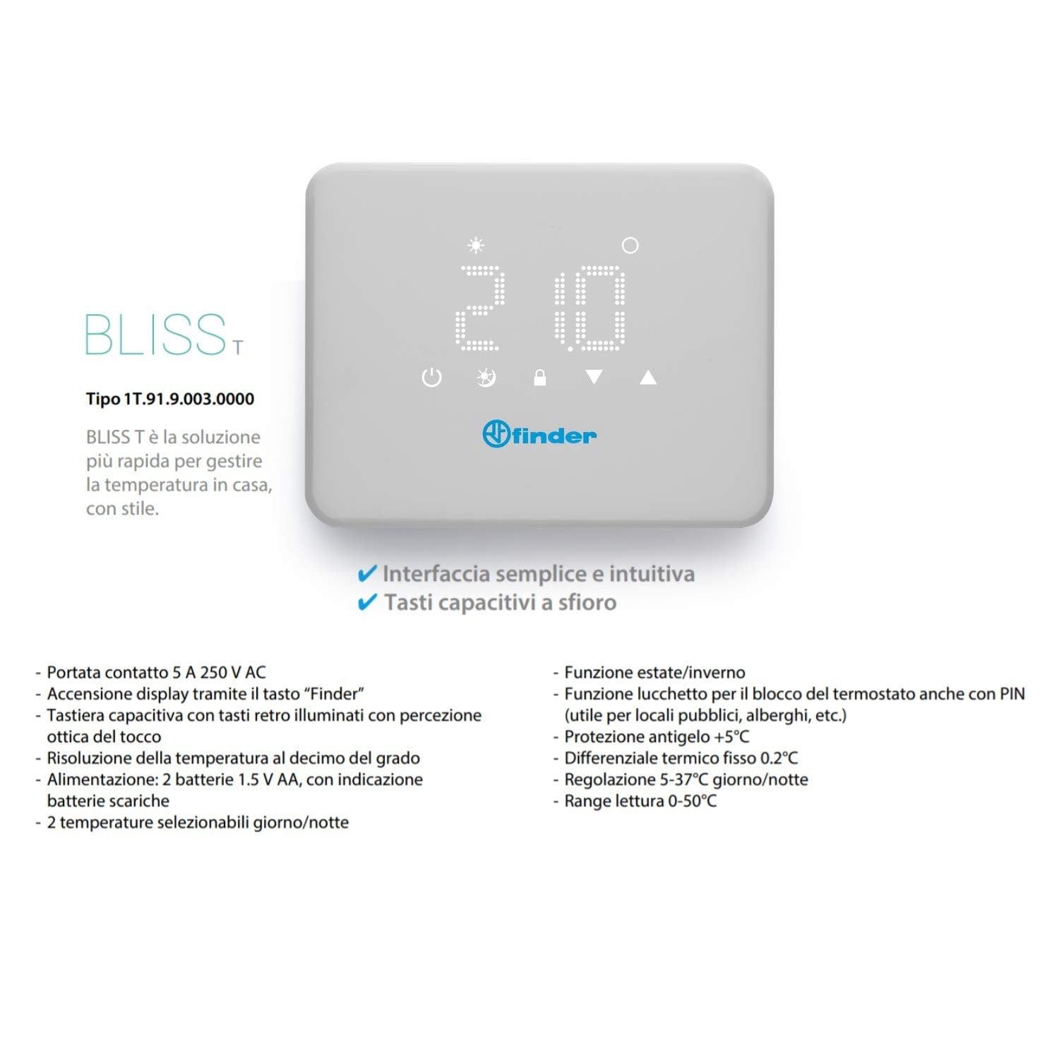 Finder  Digitaler Thermostat, Serie 1T, Sommer-/Winterfunktion, weiß